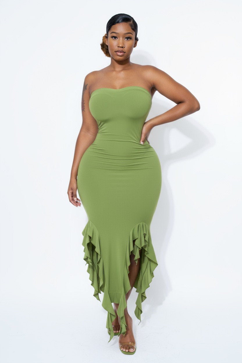 Solid Bottom Ruffle Trim Hem Slit Tube Maxi Dress