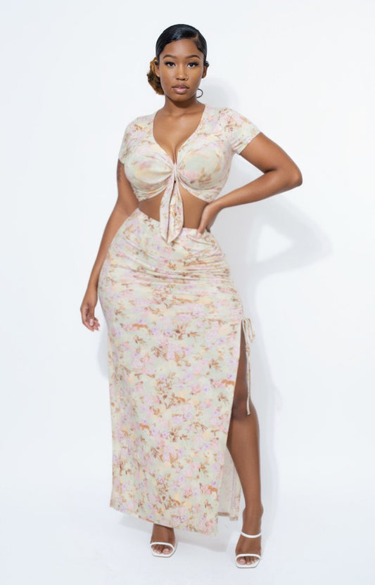 Front Knot Floral Top & Ruched Maxi Skirts Set