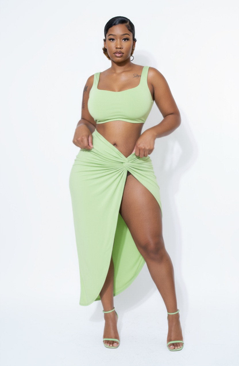 Summer Days Solid Crop Top & Split Thigh Twist Slit Skirt Set