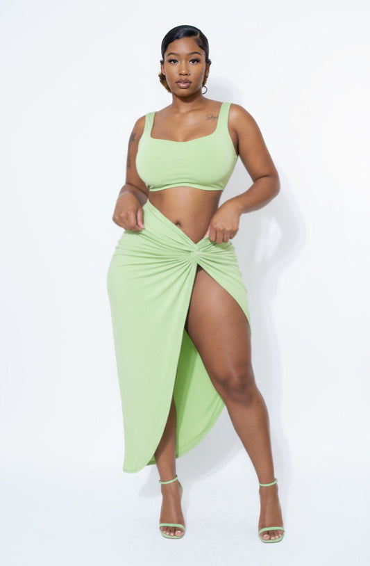 Summer Days Solid Crop Top & Split Thigh Twist Slit Skirt Set